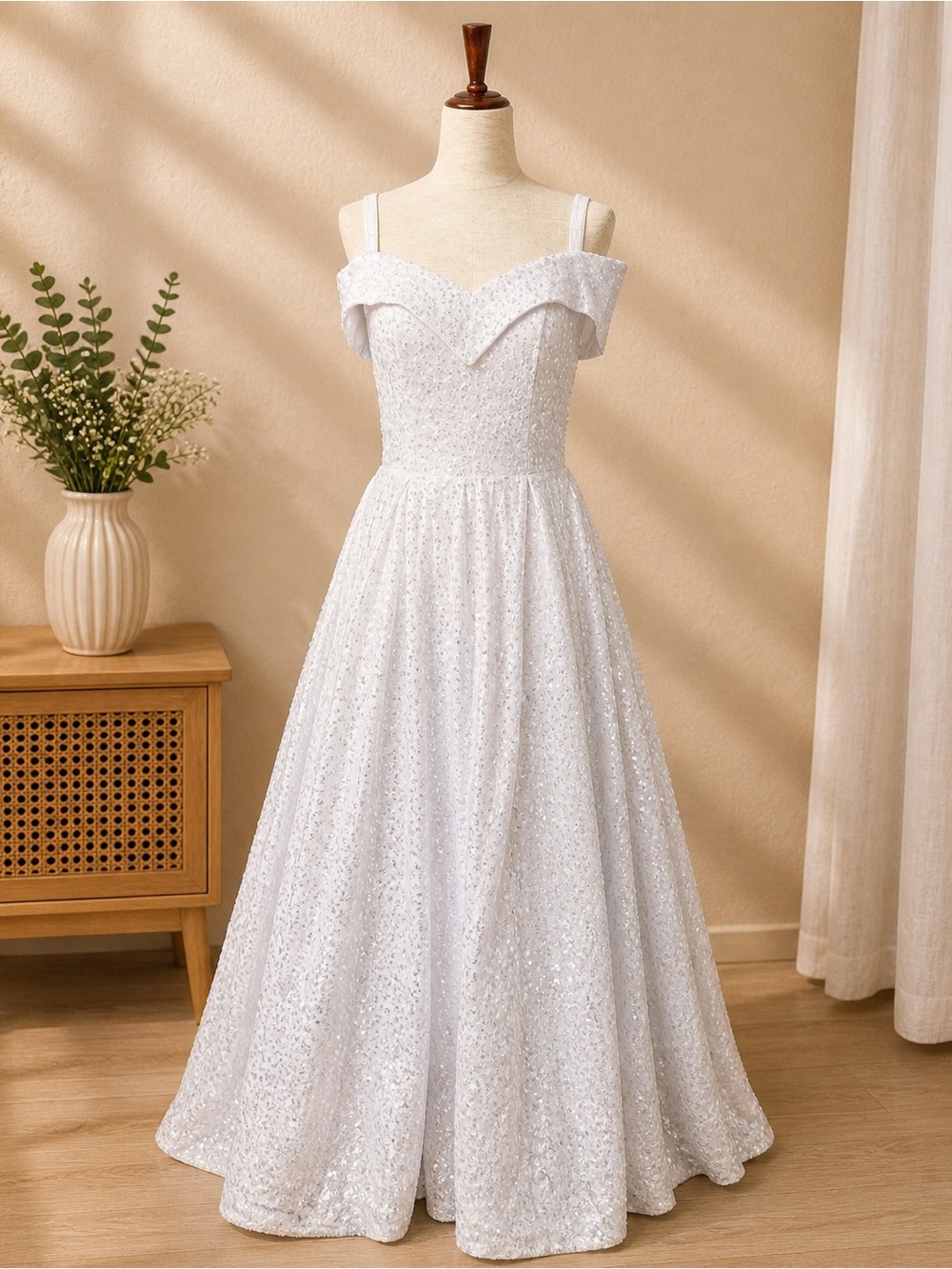 Off-Shoulder White Sequin Bridal Gown 6-8